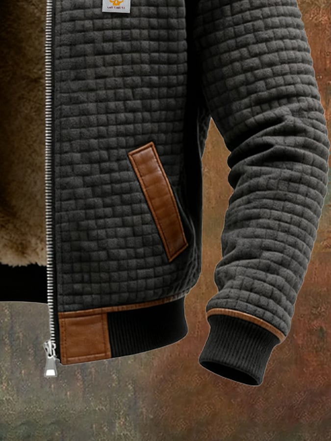 Férfi retró stílusú kültéri kabát strukturált kockás mintával, meleg és sok zsebbel.