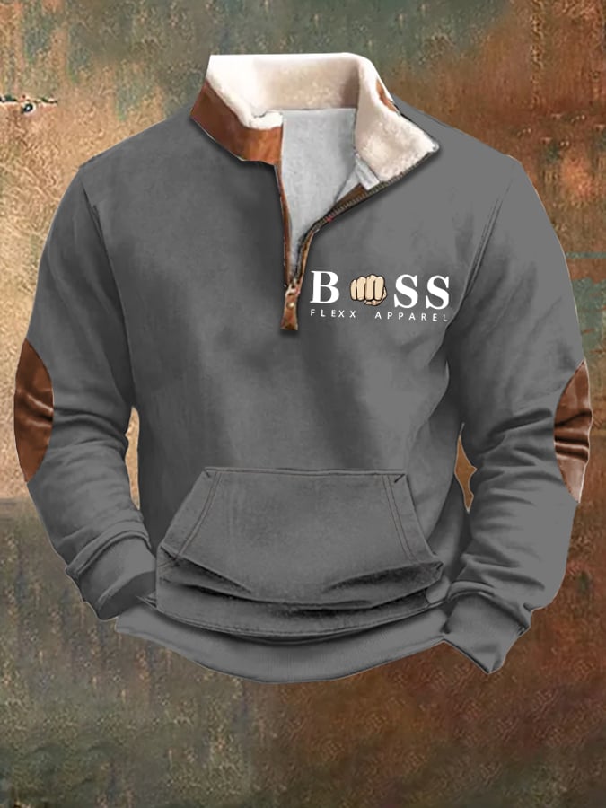 Men's Vintage Letter Design Printed Plush Stand Collar Zipper Sweatshirt