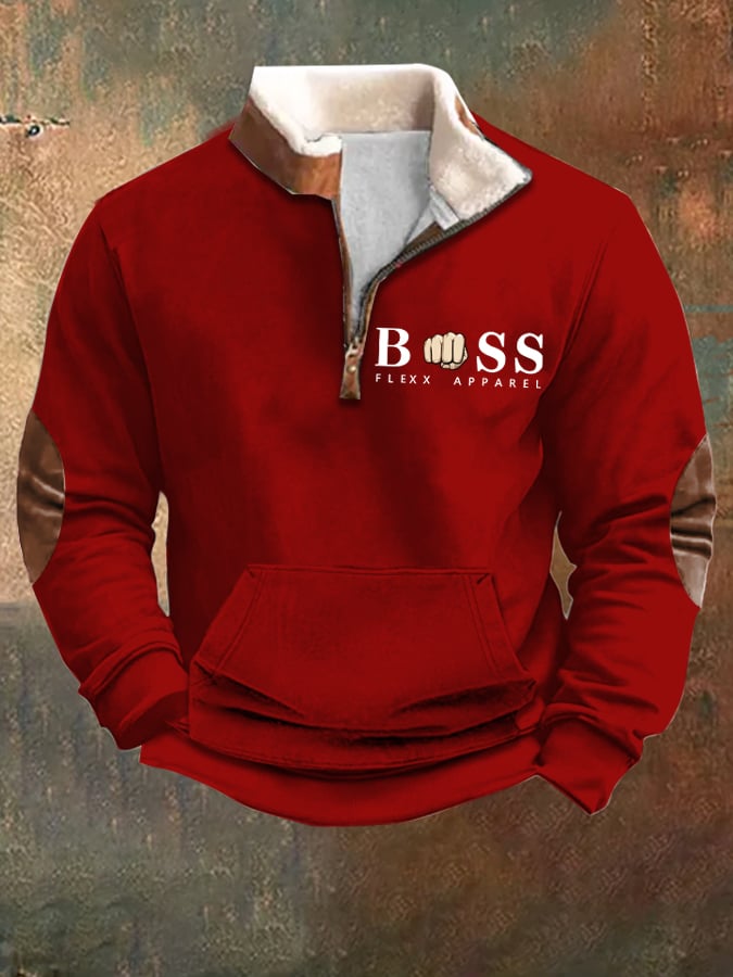 Men's Vintage Letter Design Printed Plush Stand Collar Zipper Sweatshirt