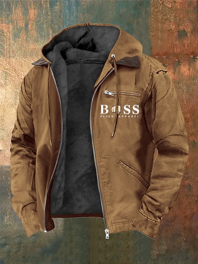 Men's Retro Letter Design Plush Zipper Jacket