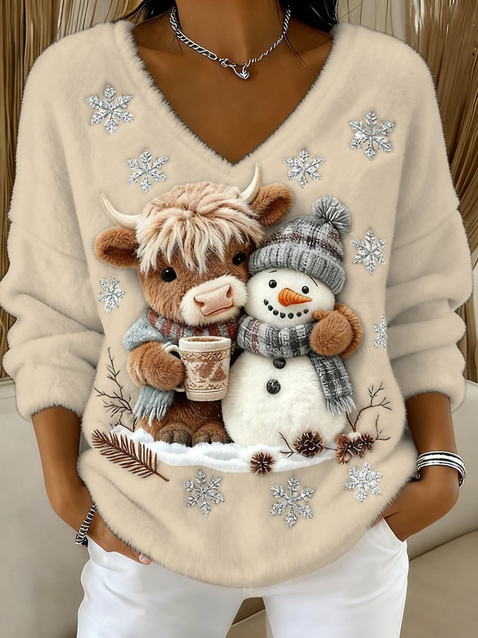 Női felső állatos motívumokkal: skót tehén, jeti, művészi nyomat, V-nyakú