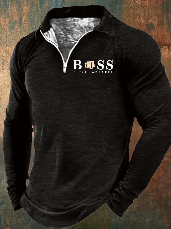 Men's Retro Lettering Print Lapel Zipper Sweatshirt