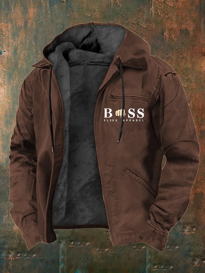 Men's Retro Letter Design Plush Zipper Jacket