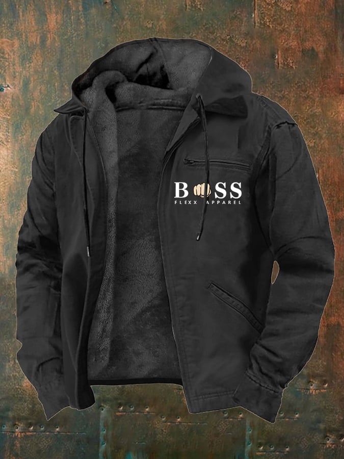 Men's Retro Letter Design Plush Zipper Jacket