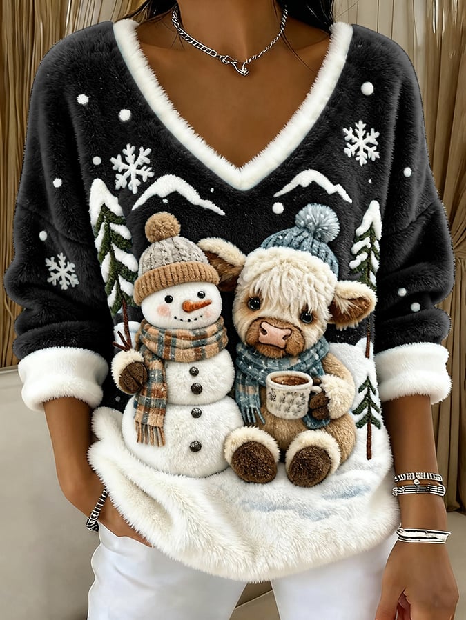 Női felső állatos motívumokkal: skót tehén, jeti, művészi nyomat, V-nyakú