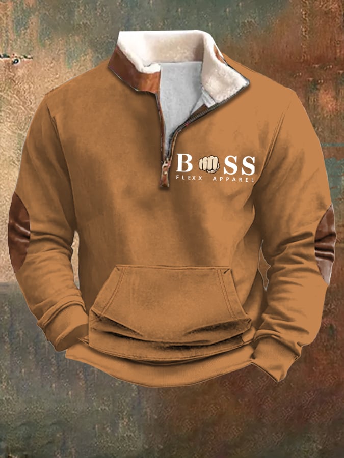 Men's Vintage Letter Design Printed Plush Stand Collar Zipper Sweatshirt