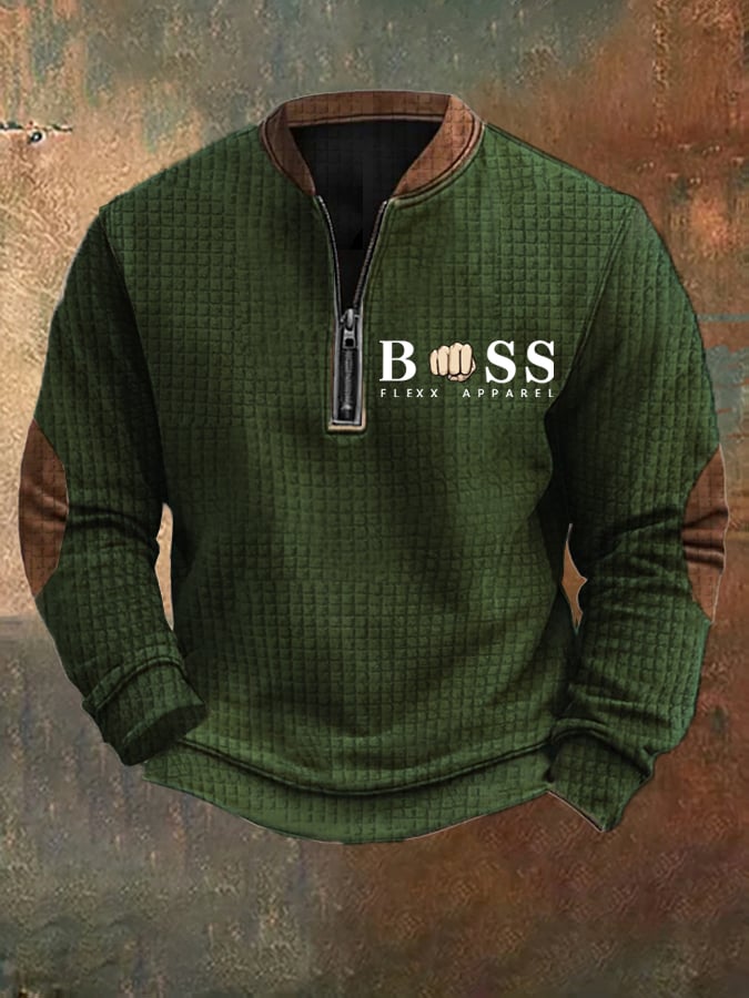 Men's Retro Letter Design Printed Zipper Collar Square Jacquard Sweatshirt