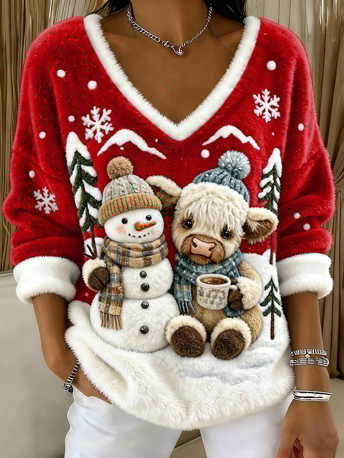 Női felső állatos motívumokkal: skót tehén, jeti, művészi nyomat, V-nyakú