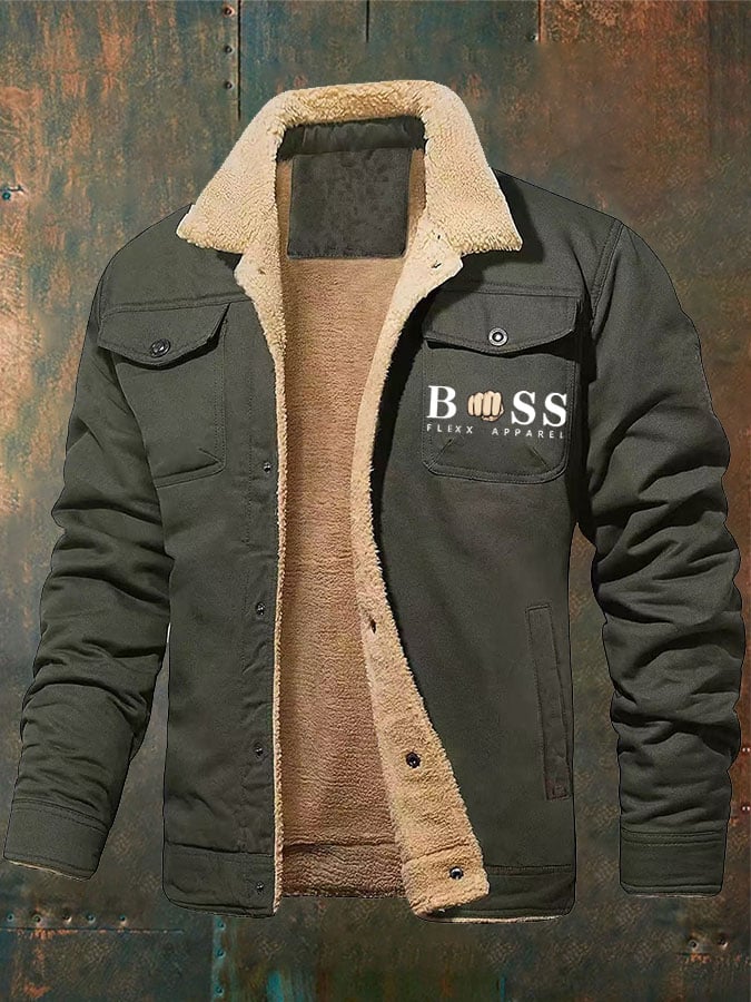 Men's Retro Letter Print Plush Jacket