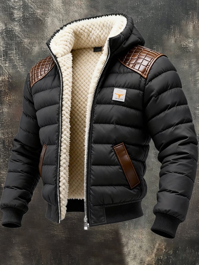 Férfi retró steppelt, patchwork plüss kültéri kabát cipzárral, meleg és kényelmes