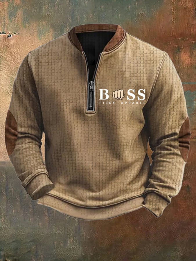 Men's Retro Letter Design Printed Zipper Collar Square Jacquard Sweatshirt