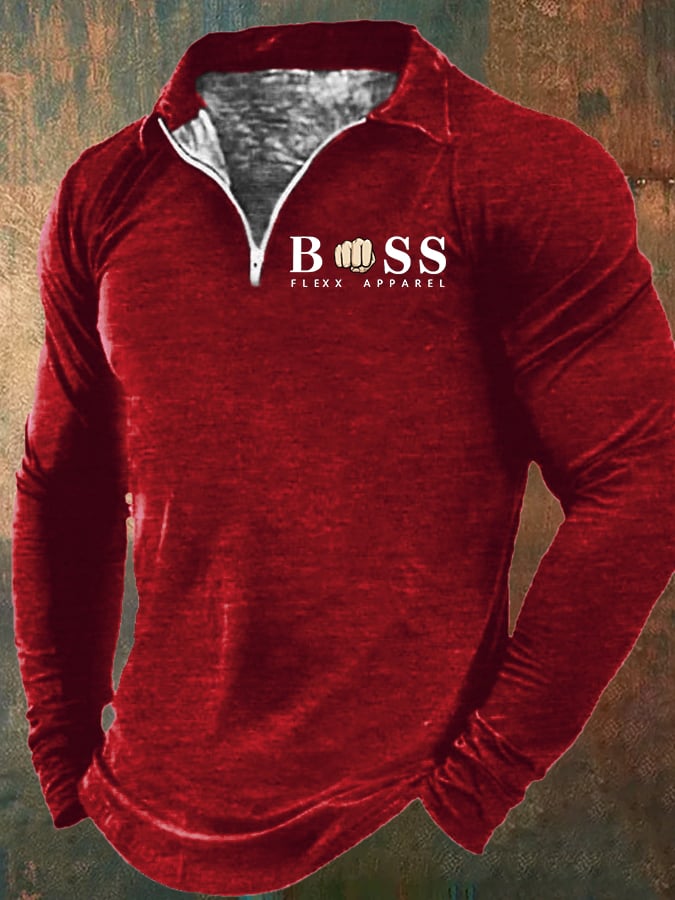 Men's Retro Lettering Print Lapel Zipper Sweatshirt