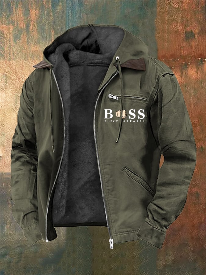 Men's Retro Letter Design Plush Zipper Jacket