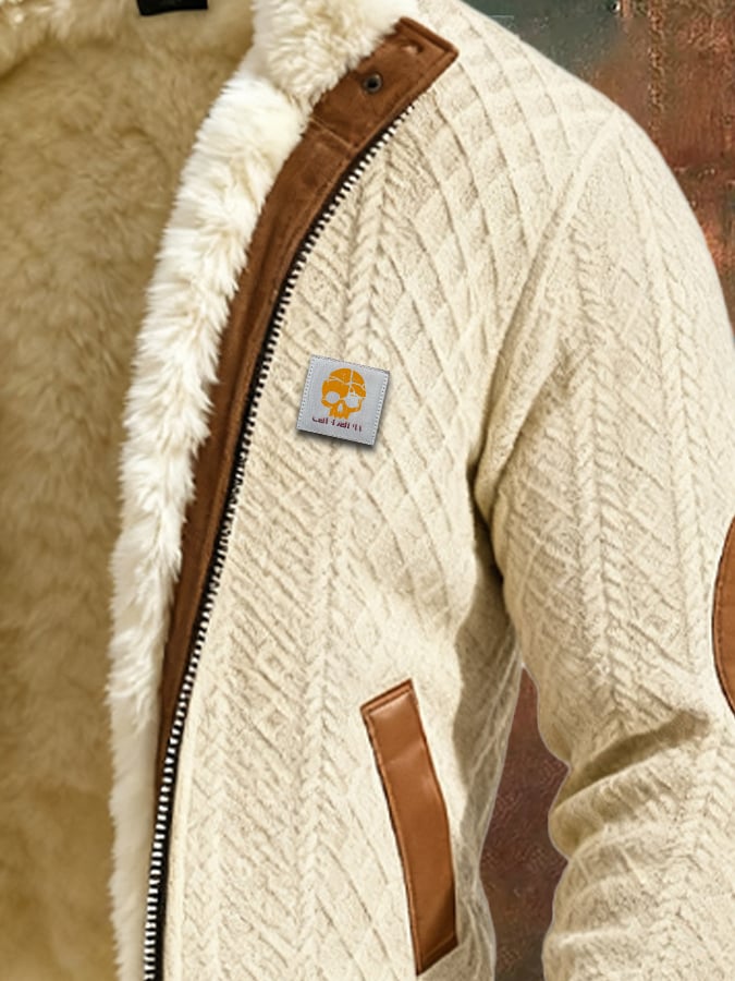 Férfi kültéri kabát retró textúrával és jacquard kötéssel, meleg, több zsebbel