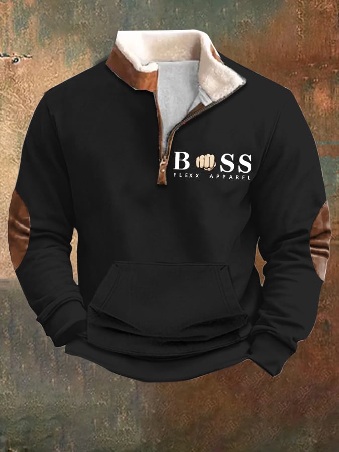 Men's Vintage Letter Design Printed Plush Stand Collar Zipper Sweatshirt