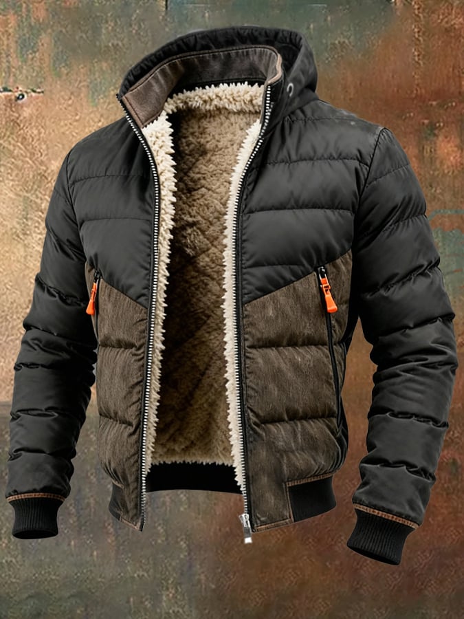 Férfi retró, steppelt, patchwork kabát cipzárral, meleg és kényelmes