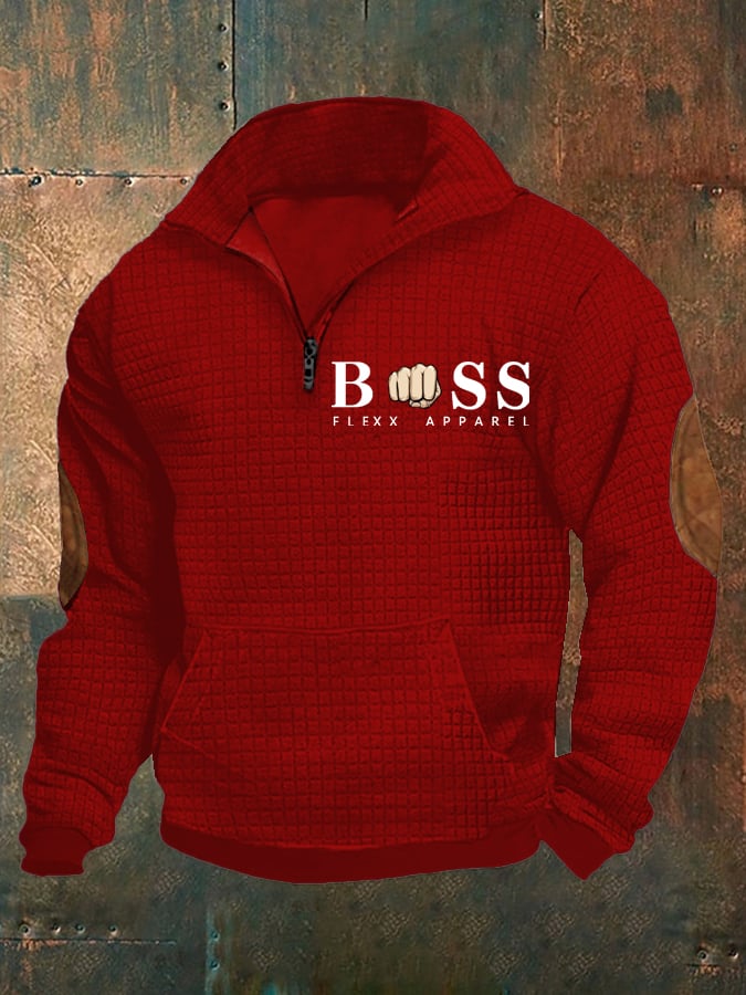 Men's Retro Letter Design Printed Stand Collar Checkered Fabric Sweatshirt