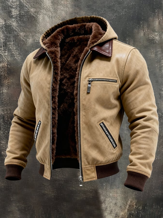 Férfi retró bőrkabát plüss béléssel, meleg, multifunkcionális, sok zsebbel, kültéri tevékenységekhez