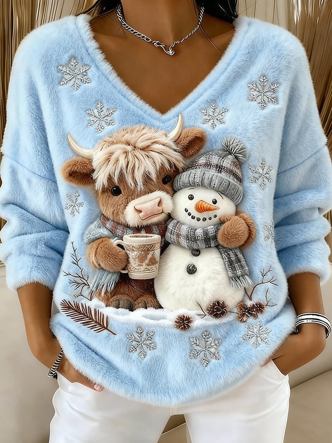 Női felső állatos motívumokkal: skót tehén, jeti, művészi nyomat, V-nyakú