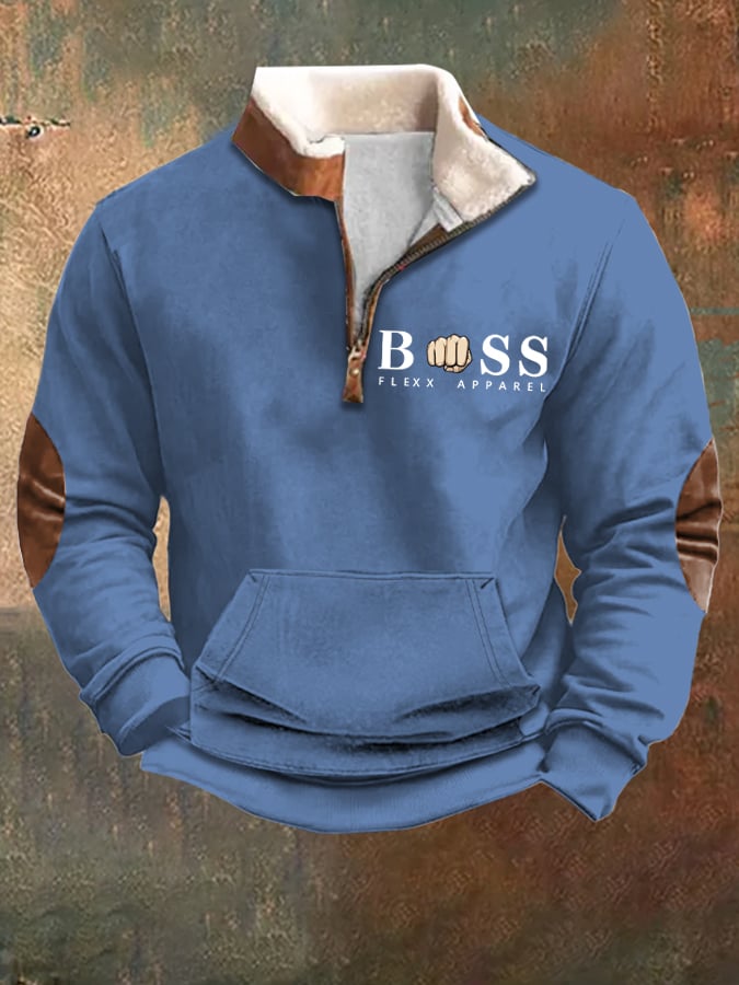 Men's Vintage Letter Design Printed Plush Stand Collar Zipper Sweatshirt