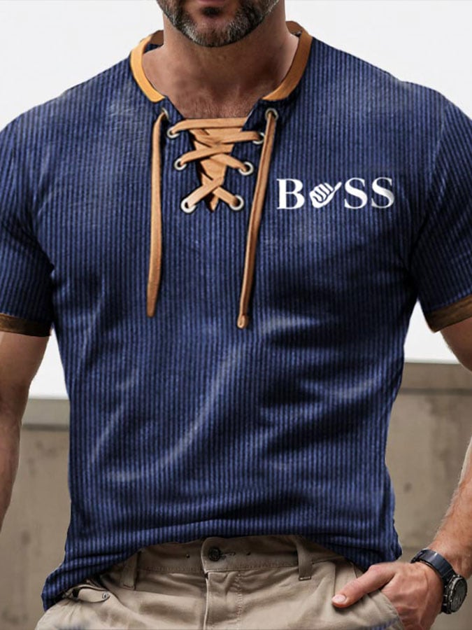 Men's Lace-up Contrast Letters Casual T-Shirt
