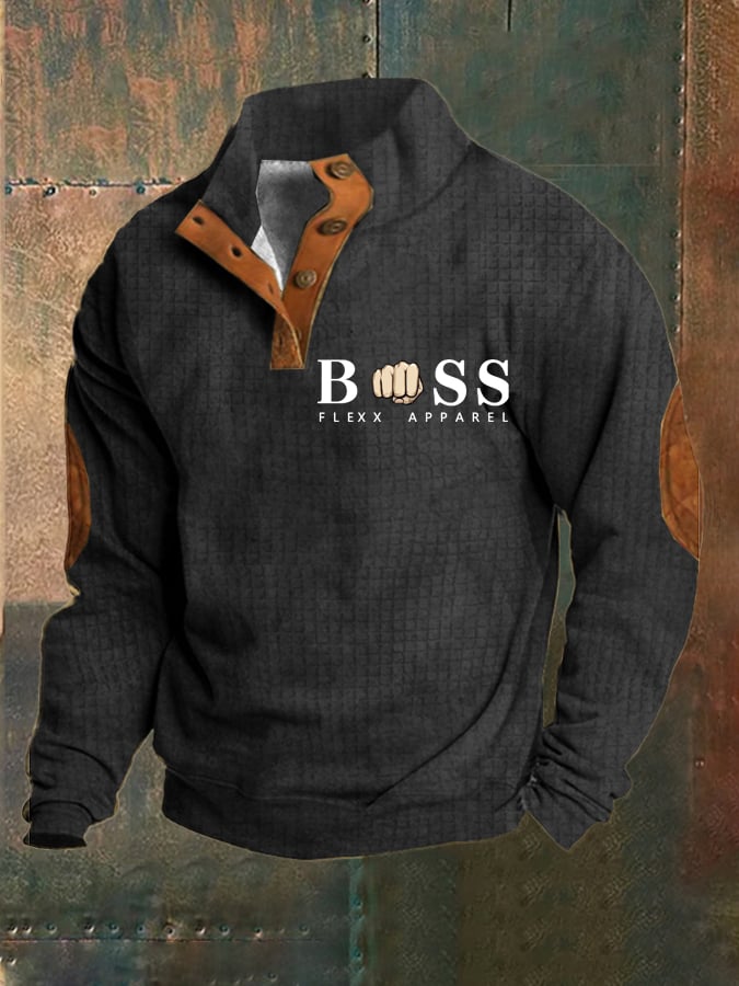 Men's Vintage Lettering Printed Stand Collar Check Button Sweatshirt