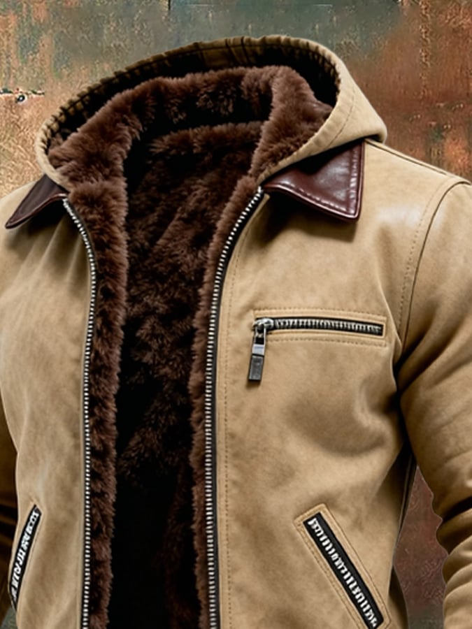 Férfi retró bőrkabát plüss béléssel, meleg, multifunkcionális, sok zsebbel, kültéri tevékenységekhez