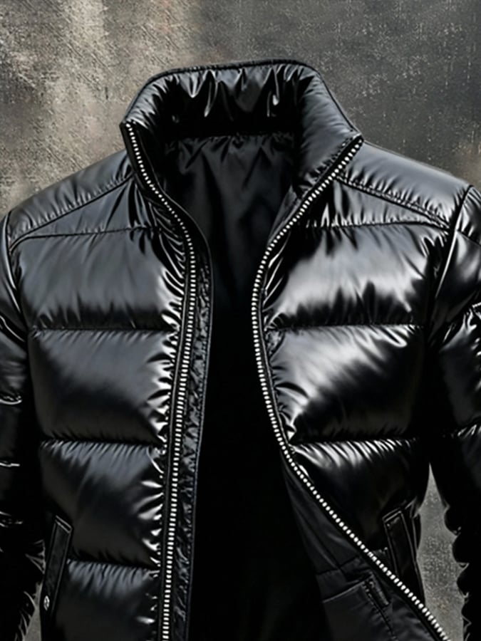 Férfi retró kültéri dzseki/kabát, meleg, fényes (belső zsebekkel)