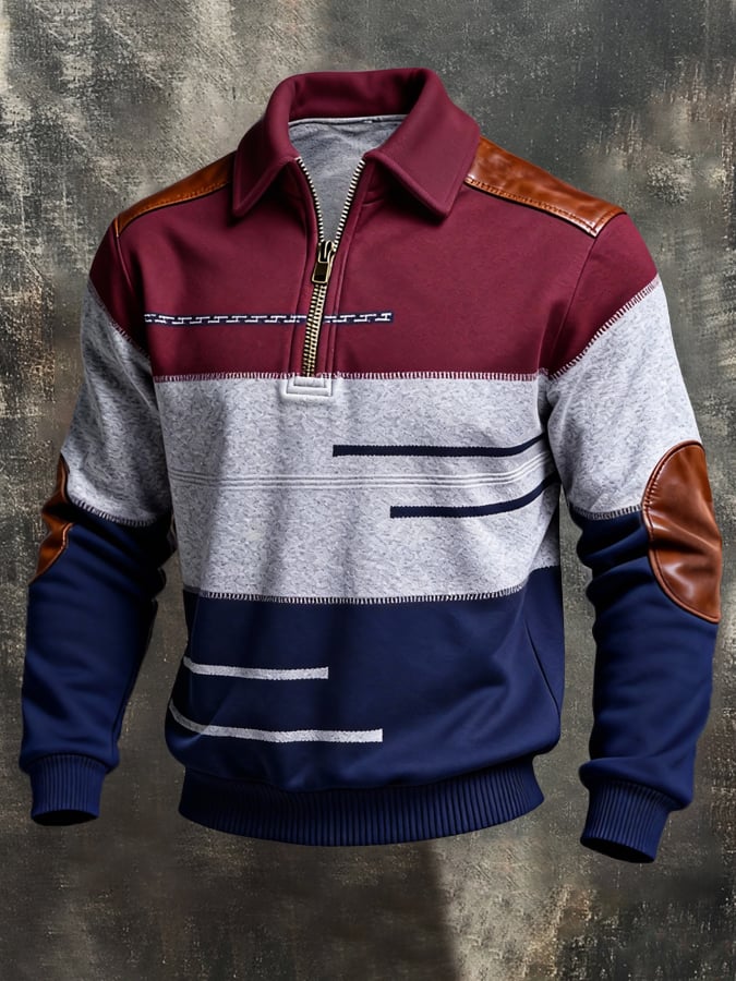 Férfi retró stílusú pulóver színes mintával és cipzárral