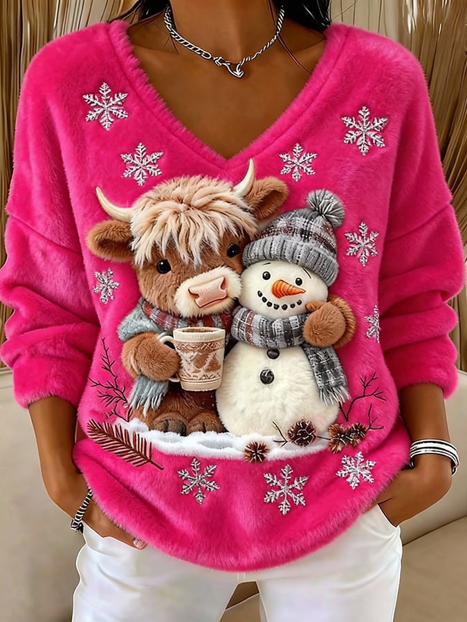 Női felső állatos motívumokkal: skót tehén, jeti, művészi nyomat, V-nyakú