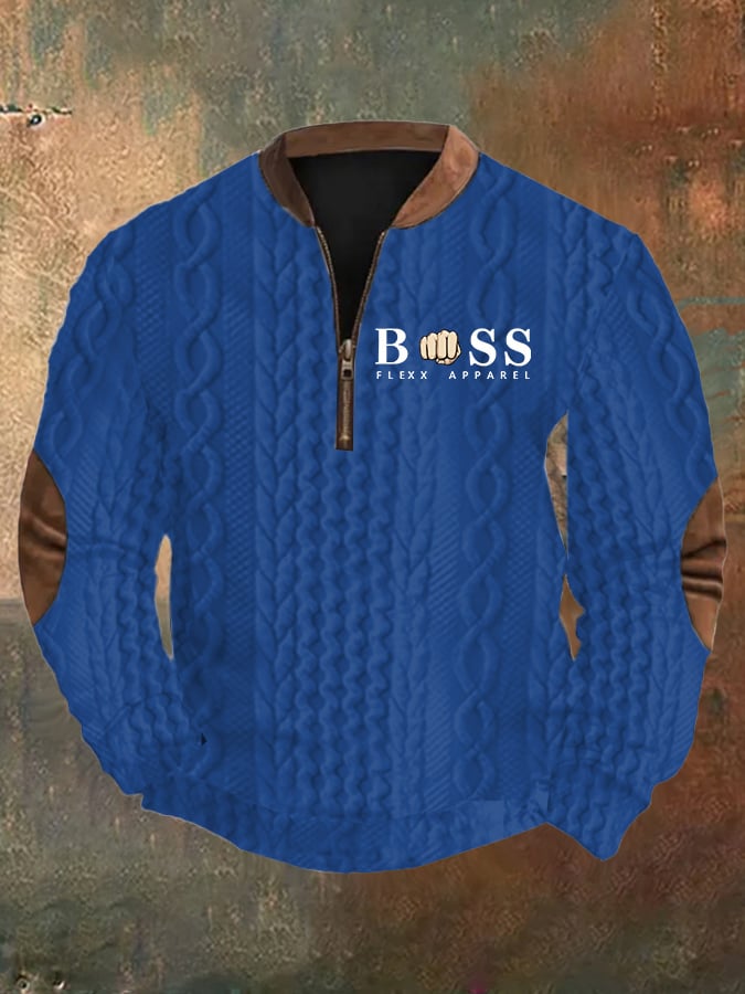 Men's Retro Letter Design Braid Jacquard Zipper Neck Sweatshirt