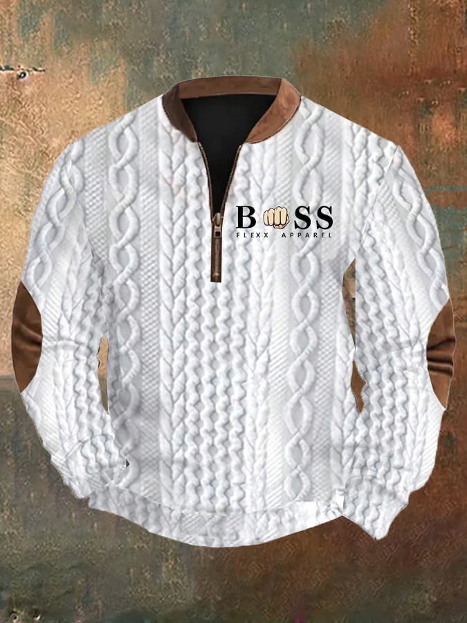 Men's Retro Letter Design Braid Jacquard Zipper Neck Sweatshirt