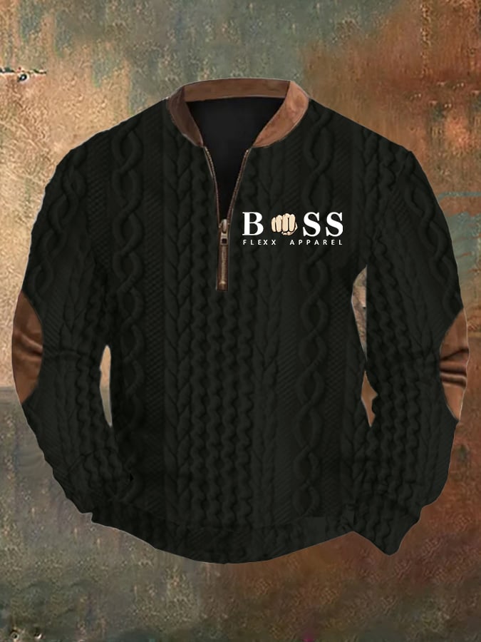 Men's Retro Letter Design Braid Jacquard Zipper Neck Sweatshirt