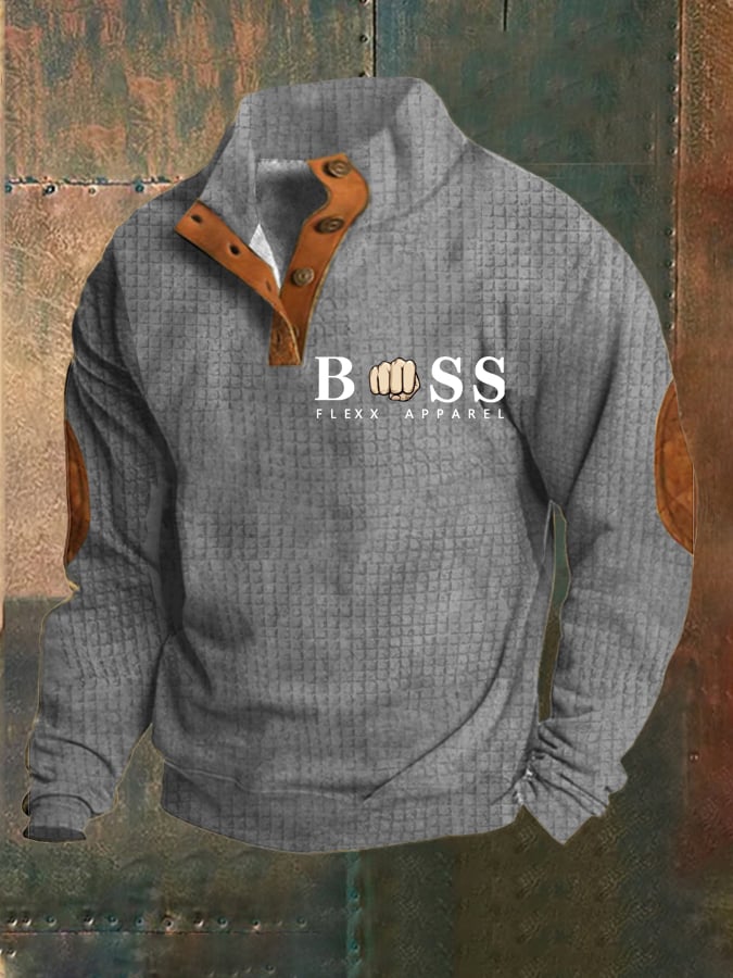 Men's Vintage Lettering Printed Stand Collar Check Button Sweatshirt