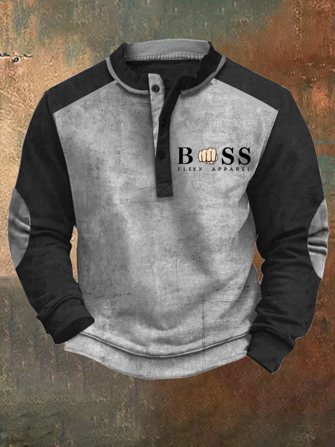 Men's Retro Lettering Contrast Color Print Button Sweatshirt