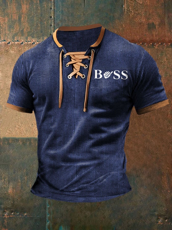 Men's Lace-up Contrast Letters Casual T-Shirt