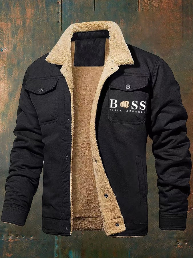 Men's Retro Letter Print Plush Jacket