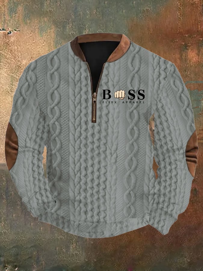 Men's Retro Letter Design Braid Jacquard Zipper Neck Sweatshirt