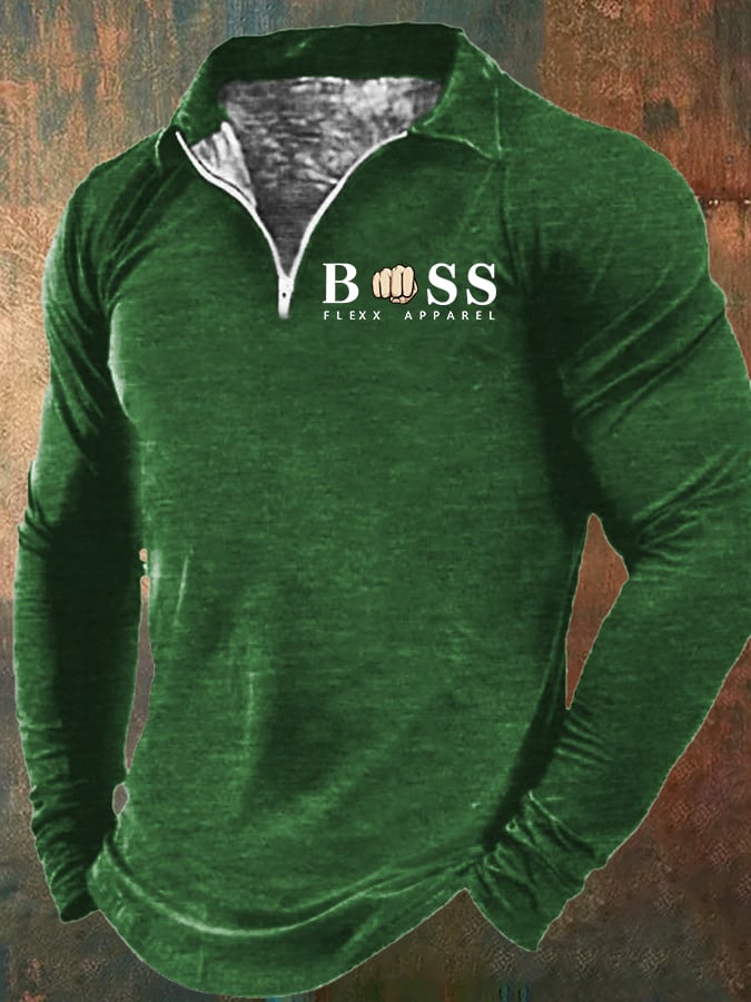 Men's Retro Lettering Print Lapel Zipper Sweatshirt