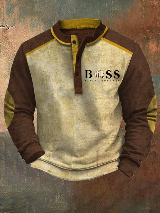 Men's Retro Lettering Contrast Color Print Button Sweatshirt