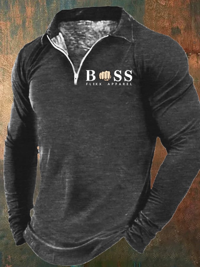 Men's Retro Lettering Print Lapel Zipper Sweatshirt