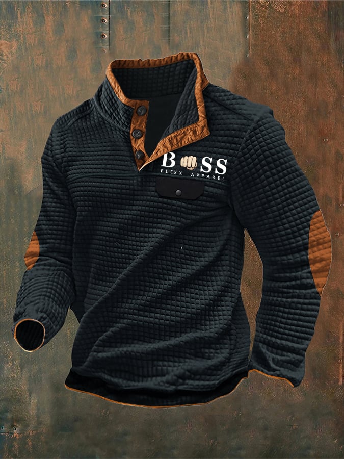 Men's Vintage Lettering Printed Stand Collar Check Button Sweatshirt