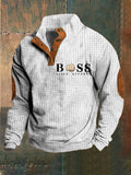 Men's Vintage Lettering Printed Stand Collar Check Button Sweatshirt