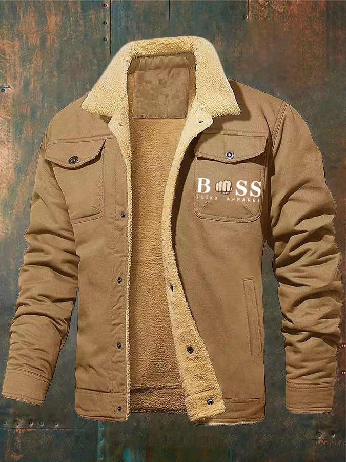 Men's Retro Letter Print Plush Jacket