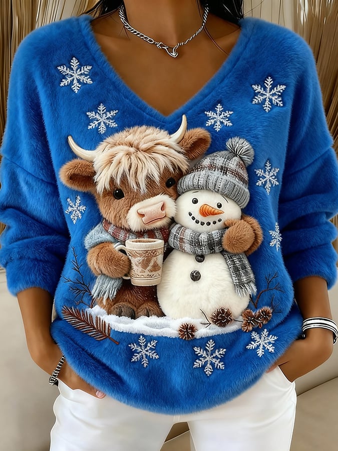 Női felső állatos motívumokkal: skót tehén, jeti, művészi nyomat, V-nyakú