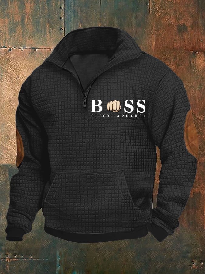 Men's Retro Letter Design Printed Stand Collar Checkered Fabric Sweatshirt