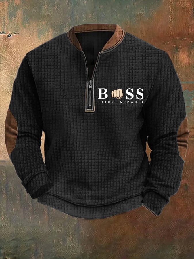 Men's Retro Letter Design Printed Zipper Collar Square Jacquard Sweatshirt