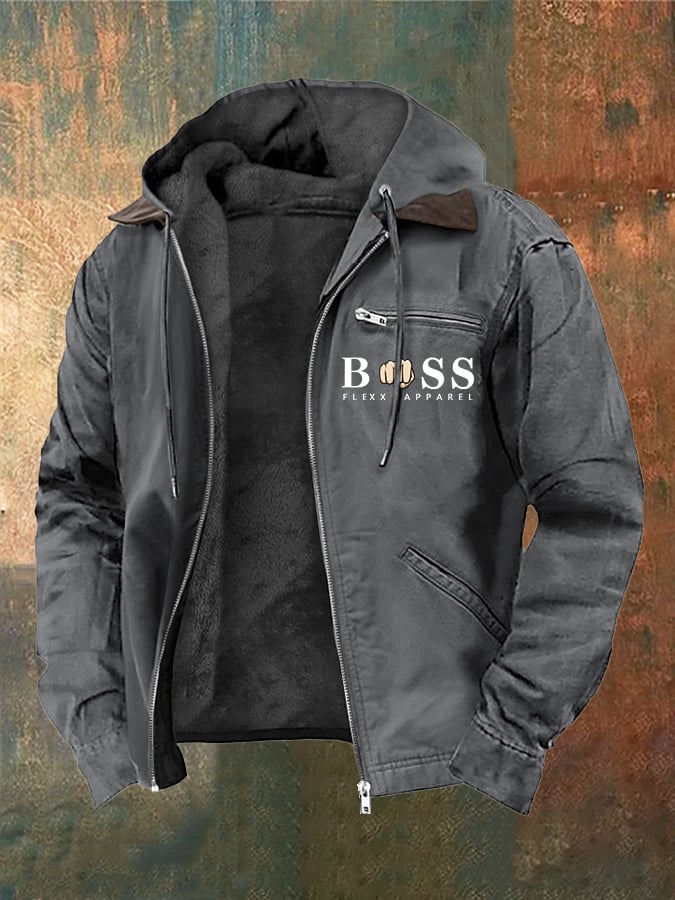 Men's Retro Letter Design Plush Zipper Jacket
