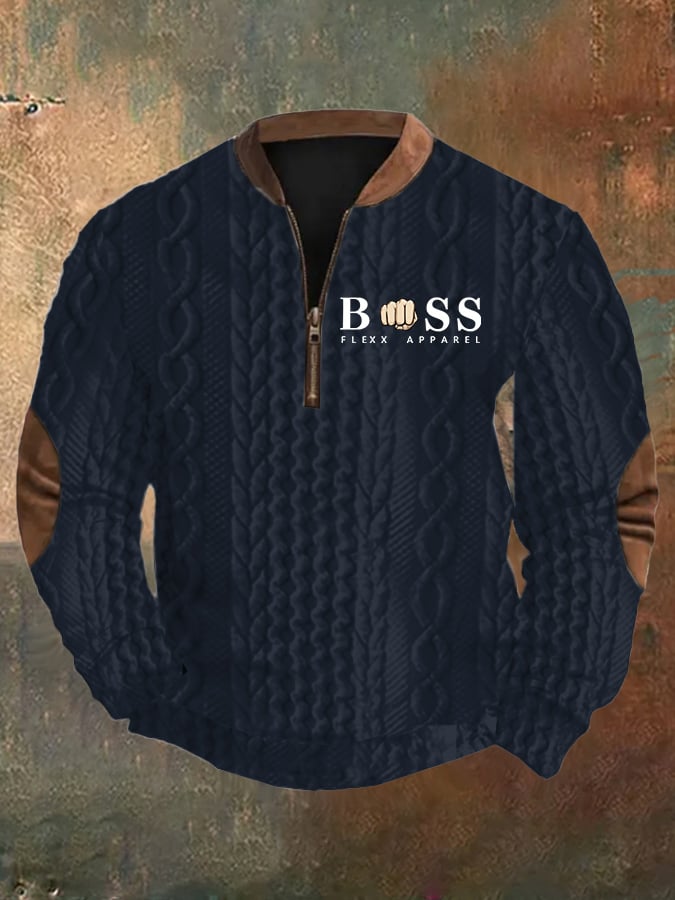 Men's Retro Letter Design Braid Jacquard Zipper Neck Sweatshirt