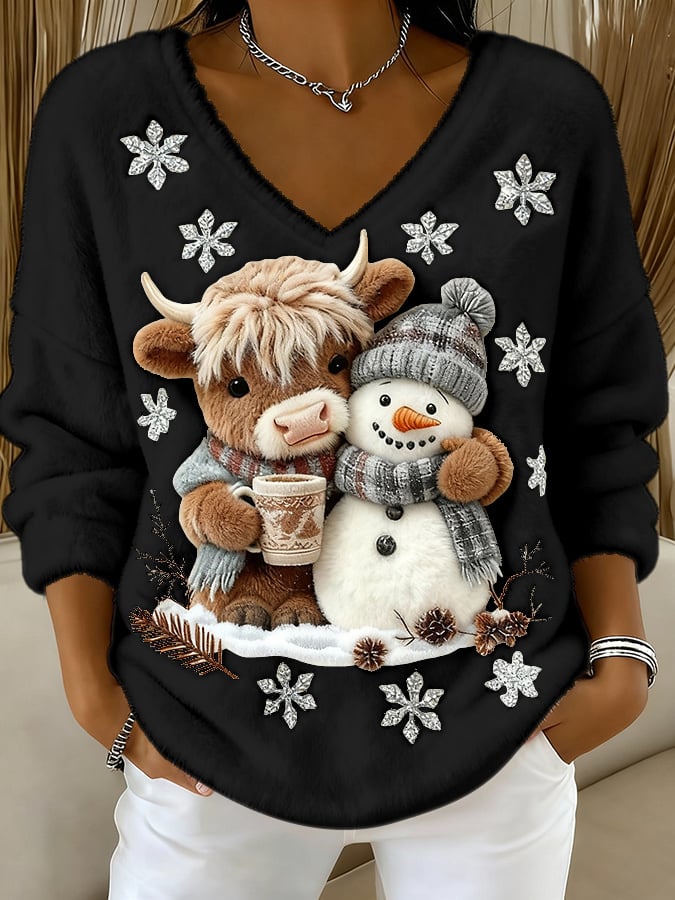 Női felső állatos motívumokkal: skót tehén, jeti, művészi nyomat, V-nyakú